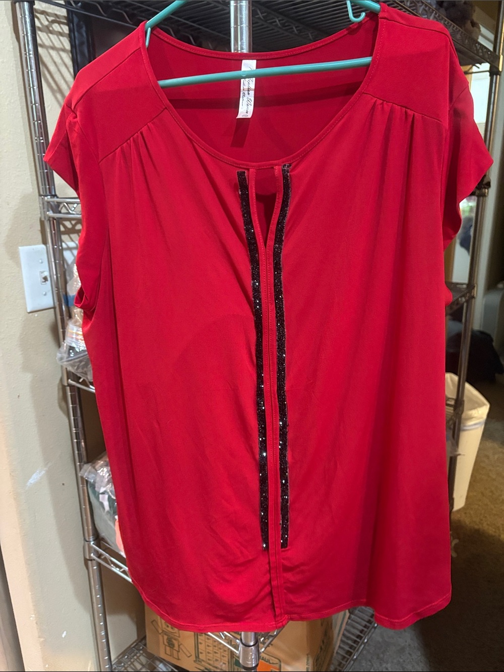 Perseption Red Short Sleeve Blouse with Black Sequin Trim
